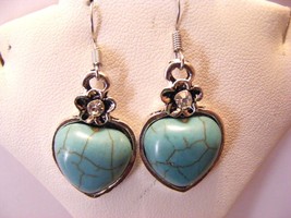 Turquoise Heart Cabochon Tibetan Silver Dangle Pierced  Earrings - $11.29