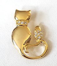 Cat and Bird Brooch Pin Crystal Rhinestones Gold Tone Setting 1 1/2 Inches Tall - $17.95