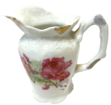 Antique Vintage Hand Painted Pitcher Creamer Vase Floral Gold Accents 4.5&quot; Tall - £14.71 GBP