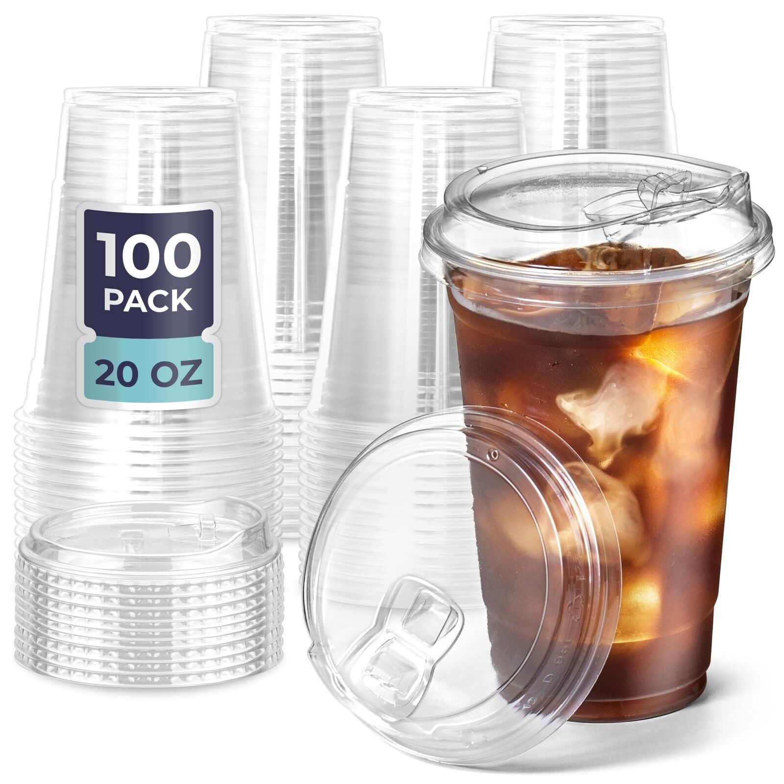 [100 Pack] 20 Oz Clear Plastic Cups With Strawless Sip Lids, Disposable Plast...