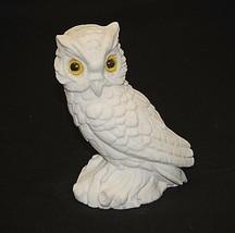 White Horned Owl w Yellow Eyes Marble Dust Art Figurine Shadow Box Shelf... - $29.69