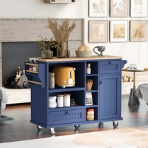 Kitchen Island Cart w/ Storage &amp; Locking Wheels (Dark Blue) - £219.55 GBP