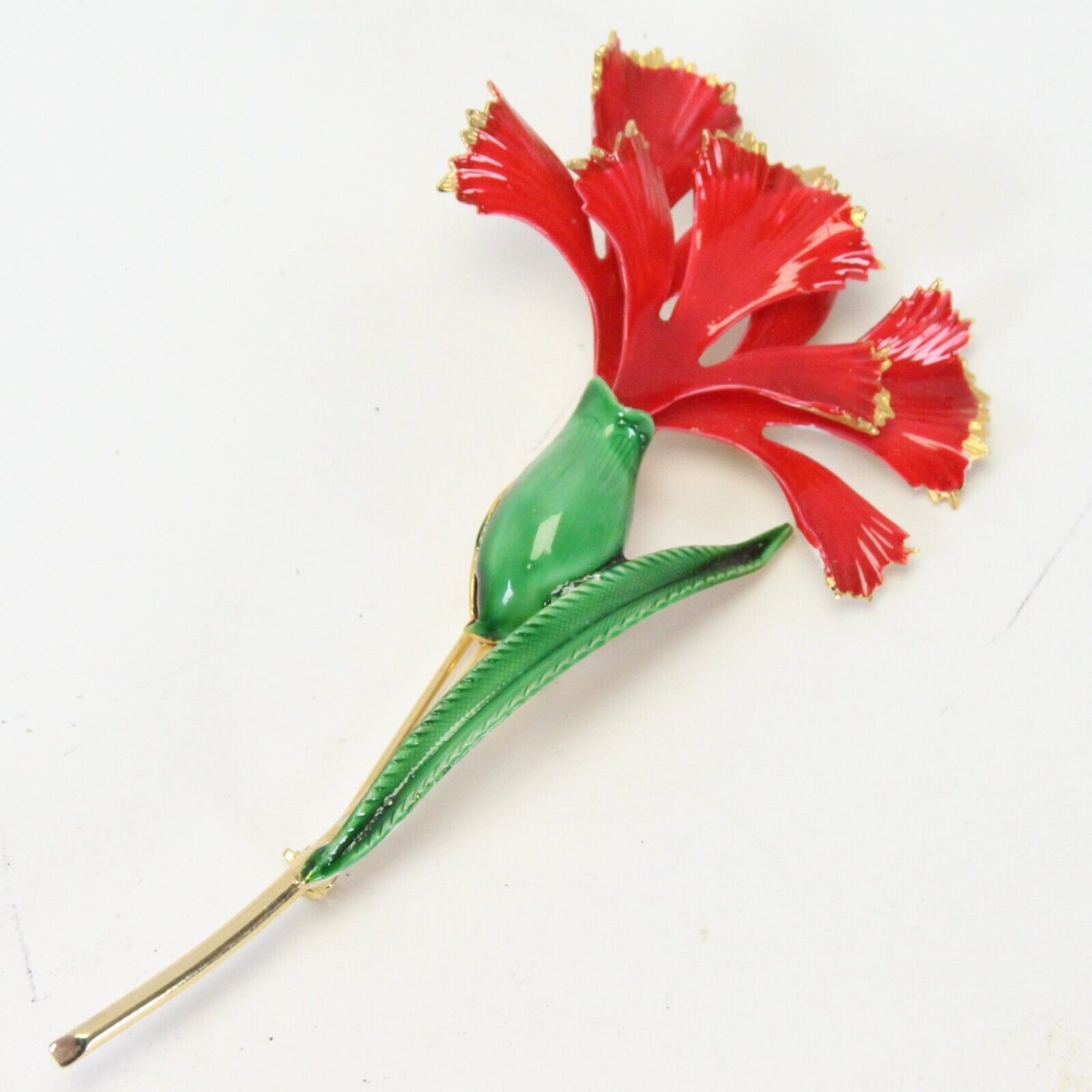 Red Enamel Flower Pin Brooch Fashion Jewelry Gold Tone Edge Green Steam - $19.59