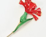 Red Enamel Flower Pin Brooch Fashion Jewelry Gold Tone Edge Green Steam - $19.59