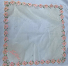 Sheer White Handkerchief Hankie with Pink raised Flowers Vintage 13&quot;  Mother - £7.11 GBP