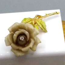 Vintage Resin Rose Bloom Brooch, Taupe Flower with Crystal and Green Enamel - $31.93