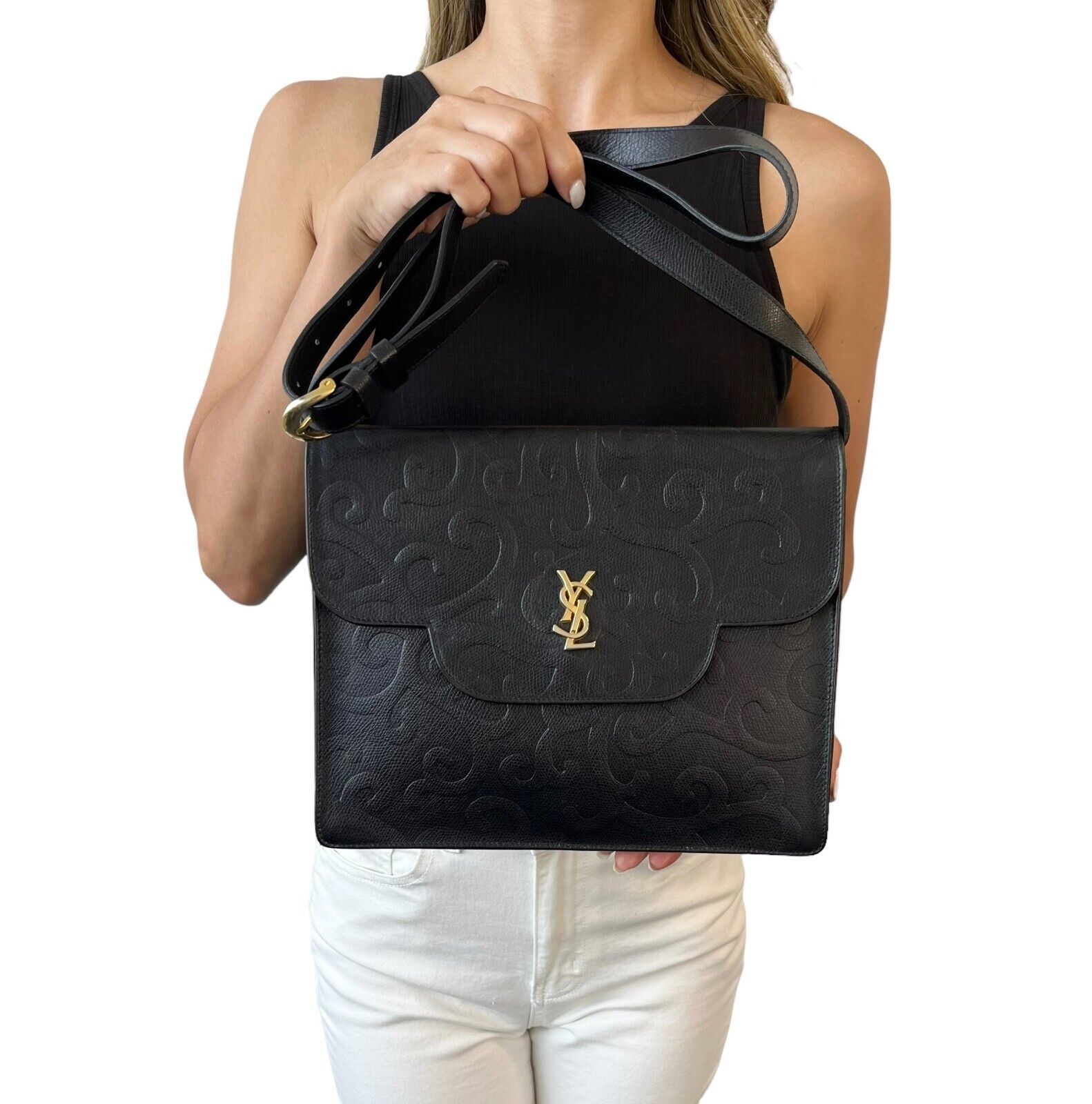 Primary image for Yves Saint Laurent Vintage YSL Logo 2way Crossbody Bag Clutch Bag Black RankAB