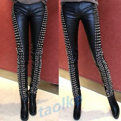 Women Silver Studded  Genuine Black  Leather  Pants Mono ectric,