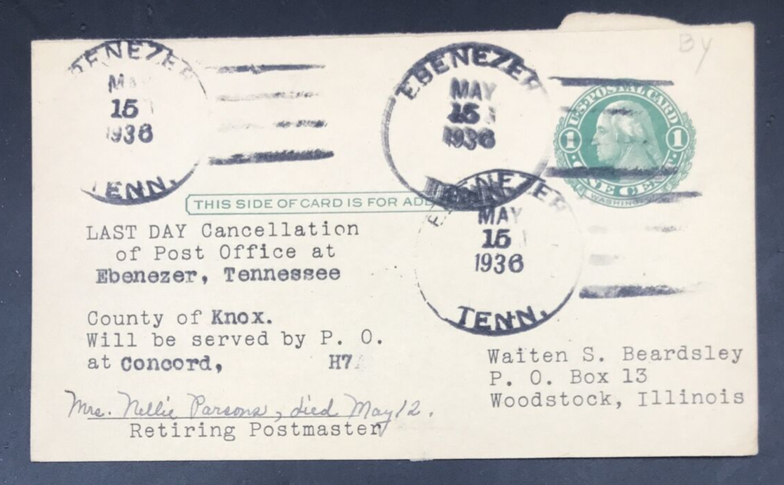 Primary image for 1936 Ebenezer Tennessee Post Office Last Day Cancellation Postal Card Postcard