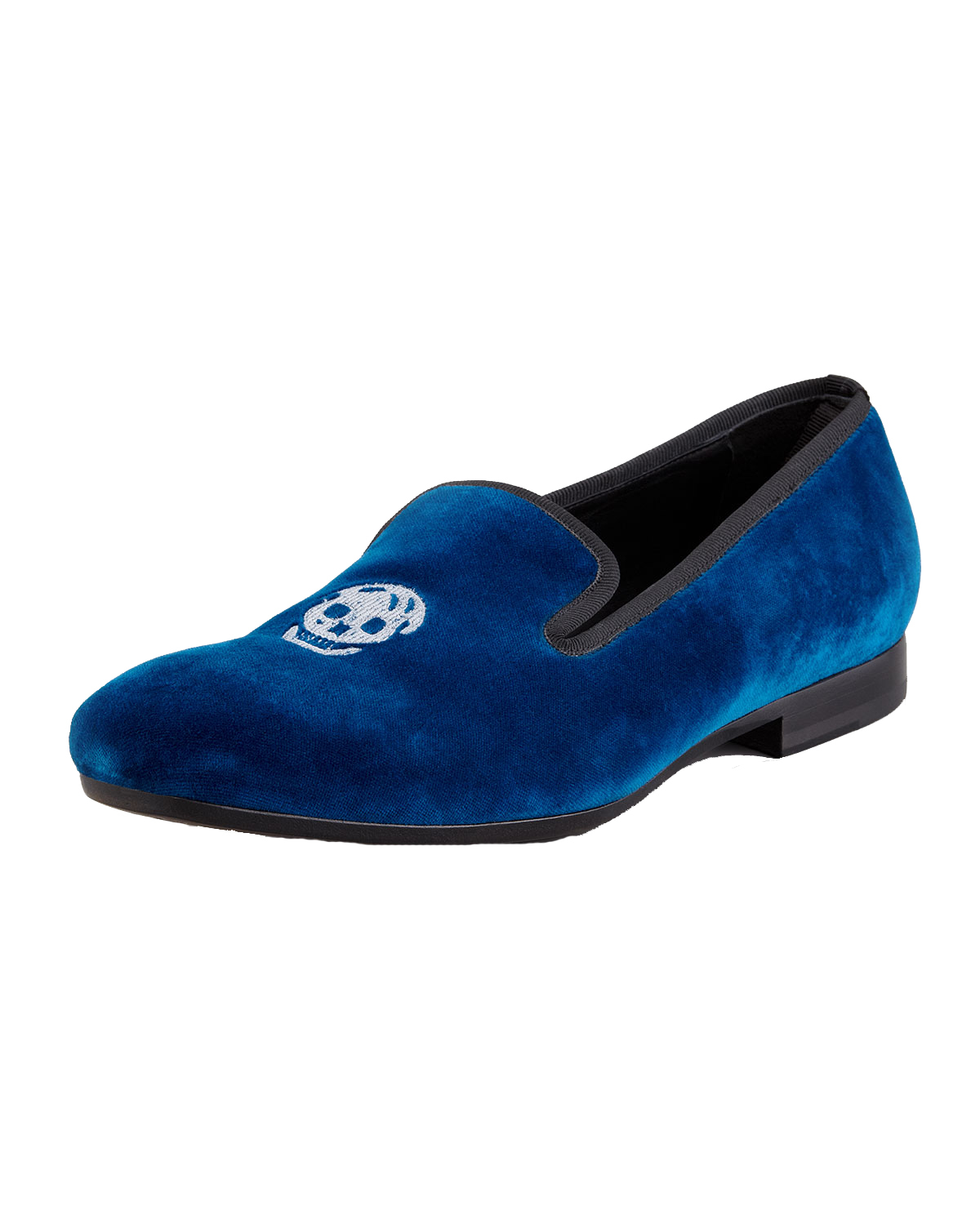 Men's Shoes Blue Velvet Loafer Slippers White Skull Embroidery Patch Handmade