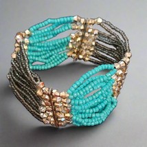 Black and Teal Beaded Stretch Bracelet - $4.95