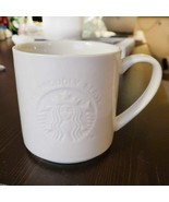 STARBUCKS We Proudly Serve White Embossed Logo Coffee Mug Cup 12 oz - $25.71 CAD