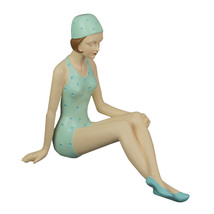 Retro Bathing Beauty Beach Girl Relaxing In Light Blue Polka Dot Swimsuit Statue - £55.26 GBP