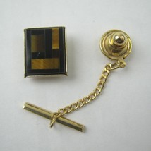 Vintage Tiger Eye Tie Tack Lapel Pin Rectangle Gold tone Chain Tie Bar - £7.96 GBP