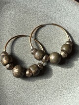 Lot of Thin Goldtone w Rustic Dark Green Wood &amp; Goldtone Bead HOOP Post Earrings - £7.56 GBP