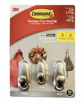 3M Command Brushed Nickel Metal Hooks 3 Hooks 6 Strips 1 Small 2 Medium - £11.98 GBP