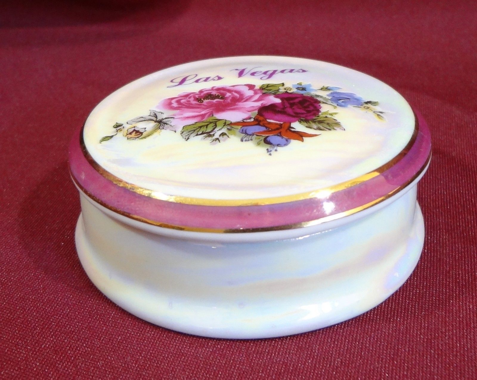 Las Vegas Opalescent Round Floral Trinket Box Ceramic  - $6.99