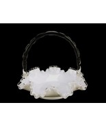 Fenton Milk Glass Candy Basket, Silvercrest Ruffled Rim, Clear Glass Handle - $19.55