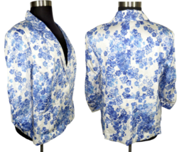 Avenue Women&#39;s Blue White Floral Cotton Blend Ruched Sleeve Blazer Plus ... - $39.99