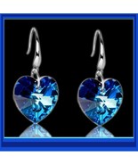 Deep Blue Sapphire Swarovski Austrian Crystal 18K White GP Heart Drop Ea... - £32.83 GBP