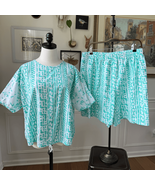 Vintage 90s Mint Green Abstract Tribal Print Shorts Shirt Set XL 1X - €30,89 EUR