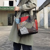 Leather Tote Bag 2022 New Soft Cowhide Random Color Splicing Women Handbag Retro - £110.60 GBP