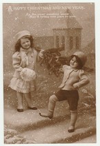 Vintage Postcard Christmas Children Little Tree Snow Gel Photo Early 1900&#39;s - £7.77 GBP