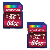 Two Transcend 64GB SDXC Class 10 UHS-1 Flash Memory Cards Up to 60MB/s TS64GSDU1 - $43.99
