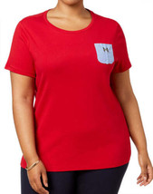 Tommy Hilfiger Womens Plus Size Cotton Chambray Pocket Top Size-1X Color-Scarlet - £37.30 GBP