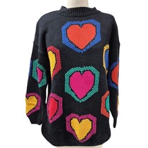 90s Y2K Marnie West Ramie/Cotton Black Sweater Colorful Intarsia Hearts ... - $44.55