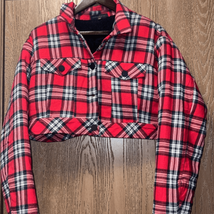 Dance &amp; Marvel fleece lined cropped plaid trucker jacket size large - $25.48