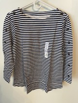 Petite Croft &amp; Barrow Button-Sleeve Top Women&#39;s Size Med Color blue/white stripe - £11.26 GBP