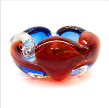 Vintage Multicolor Blue Red Art Glass Folded Edge Candy Dish Bowl Ashtra... - £46.69 GBP