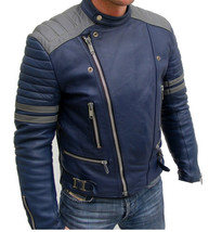 Men Blue Color Leather Jacket, Men&#39;s Bomber Leather Jacket, Silver Strips Jacket - £113.41 GBP