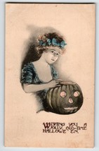 Halloween Postcard May L. Farini Blue Tinted Hand Painted Lady JOL Pumpkin 1911 - $295.43