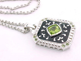 PERIDOT andBLACK ENAMEL Pendant in STERLING Silver with STERLING Chain  - £47.78 GBP