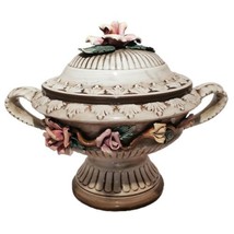 Vintage Capodimonte Large 12X 9&quot; Tall Handled Coverd Urn Roses Italy Centerpiece - £158.88 GBP