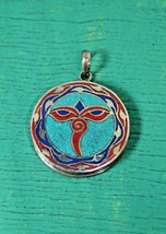 Vintage Sterling Silver Turquoise Enamel  &quot;Buddha&#39;s Eye&quot; Pendant . Signe... - £23.66 GBP