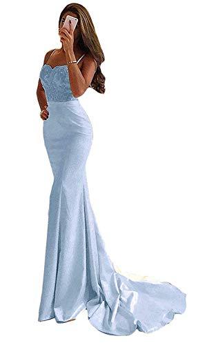 Women Spaghetti Strap Long Beaded Lace Mermaid Evening Prom Dress Sky Blue US 6