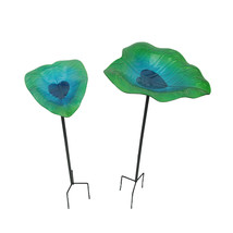 Set of 2 Green Blue Glass Leaf Bird Bath Garden Stakes Outdoor Home Yard Decor - £35.50 GBP