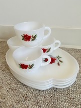 Federal Glass 4x Snack Set White &amp; Red &quot;Rosecrest&quot; Milk Glass, VTG &#39;50s USA - £44.11 GBP