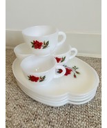 Federal Glass 4x Snack Set White &amp; Red &quot;Rosecrest&quot; Milk Glass, VTG &#39;50s USA - £43.29 GBP