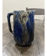 Antique English Majolica Cobalt Blue Floral Design Handle Pitcher - $69.29