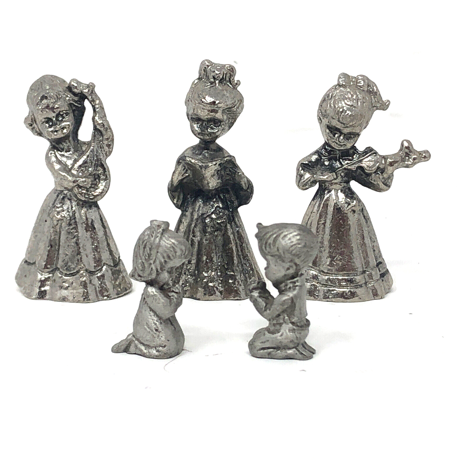 Primary image for Vintage Miniature Pewter Figurines 2 Praying Children 3 Girl Musicians Lot of 5