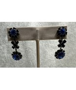 Vintage Prong Set Dark Blue Crystal Drop Pierced Earrings Gilded Age Style - $18.23 CAD