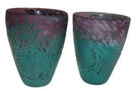 2  Cameo Etched Art Glass Vases or Candle Holder Blown Peacock Feather Design - £36.93 GBP