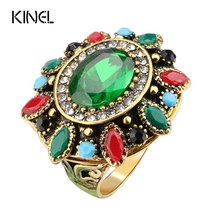 Unique Antique Gold Sunflower Rings For Women Mosaic Green Resin Crystal Big Rin - £6.17 GBP