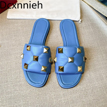 New Gold Studded Women Flat Slippers Summer Rhombus Leather Slides Candy Color B - £106.98 GBP