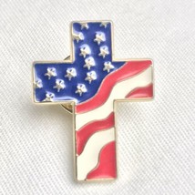 Cross USA Flag Pin Patriotic Christian Gold Tone Enamel Red White Blue - £7.95 GBP