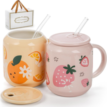 Mothers Day Gift for Mom Wife, 2 Pack Cute Ceramic Mugs with Lid and Straw, 13 O - £29.05 GBP